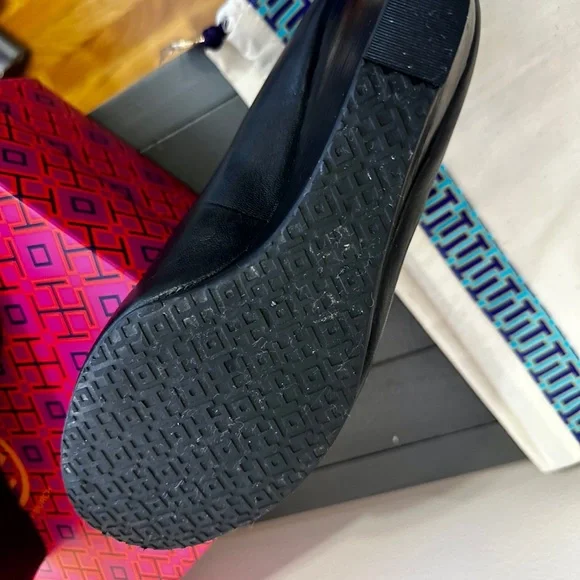 Like New! Tory Burch Sally Black Wedge with Gold Emblem - Picture 8 of 10